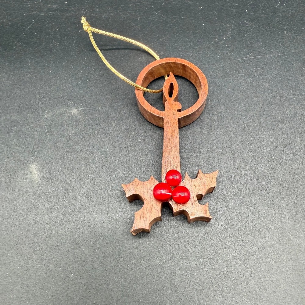 Vintage Wooden Candle Christmas Ornament with Holly and Red Beads Handcrafted